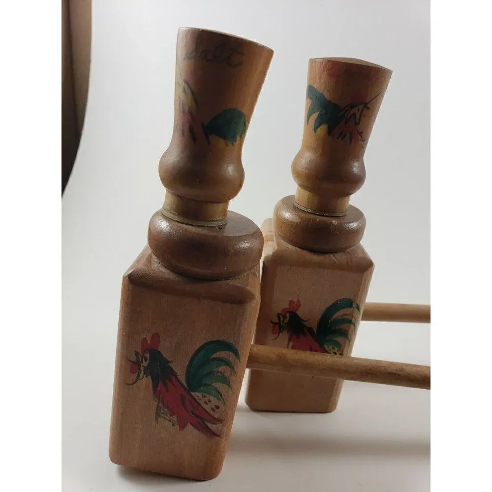 Vintage Mid Century Two Sets Wooden Salt & Pepper Shakers Rooster Chicken 1950s